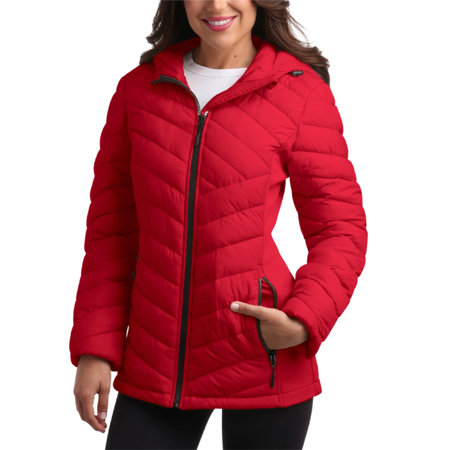 Reebok Womens Puffer Jacket - Midweight Quilted Snow Glacier Shield Full Zip Winter Coat for Women with Hood & Zip Pockets, Size Small, Vector Red Glow