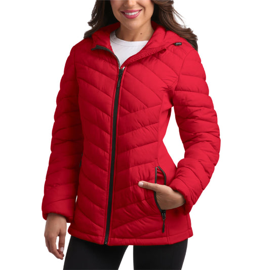 Reebok Womens Puffer Jacket - Midweight Quilted Snow Glacier Shield Full Zip Winter Coat for Women with Hood & Zip Pockets, Size Small, Vector Red Glow