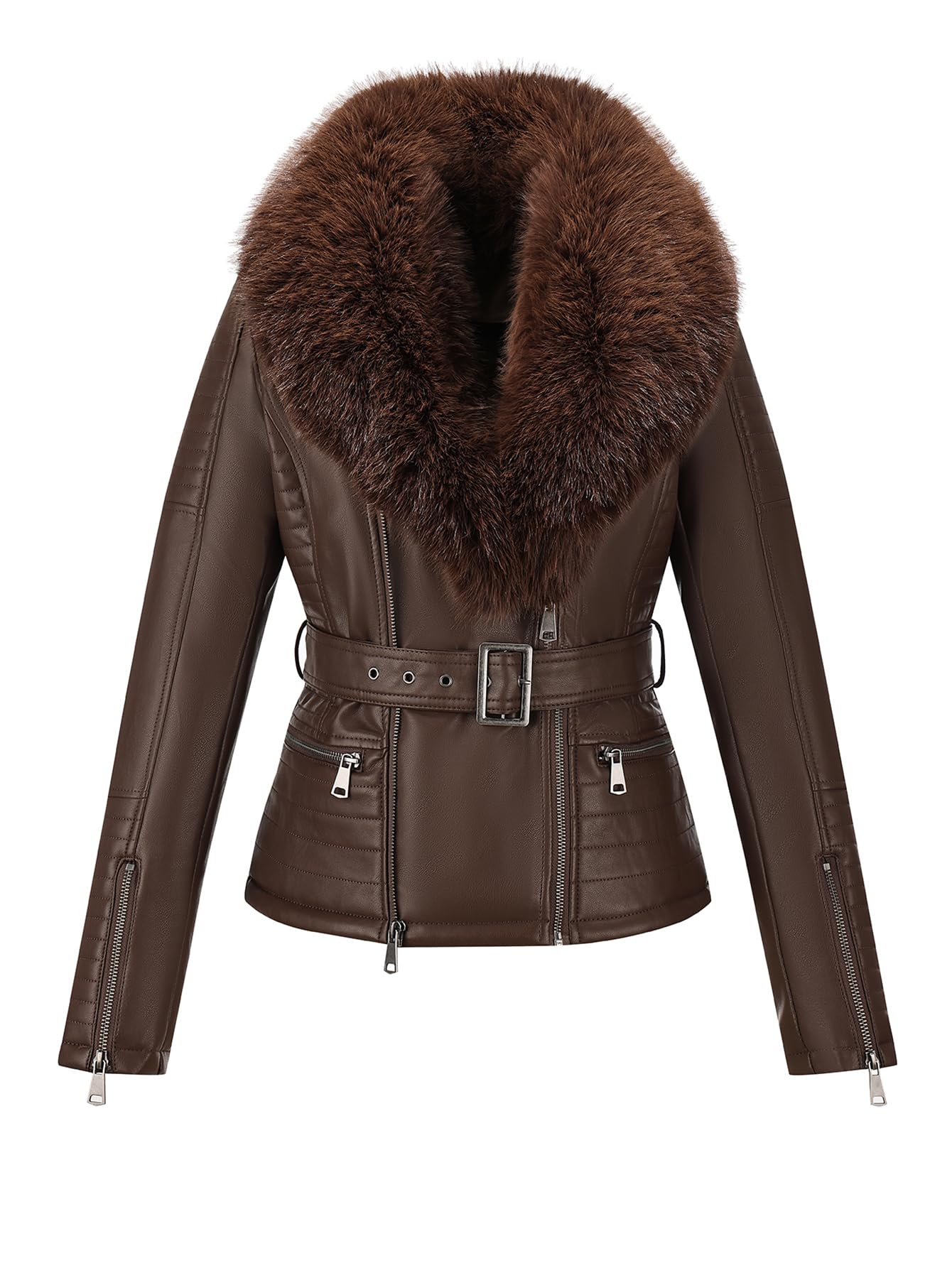 Bellivera Women's Faux Leather Jacket Moto Sherpa-Lined Coat Brown L