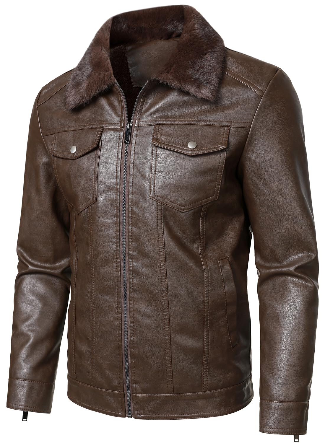 HOOD CREW Mens Leather Jacket Motorcycle Biker Jackets Casual Lightweight Faux Leather Winter Outwear Dark Brown S