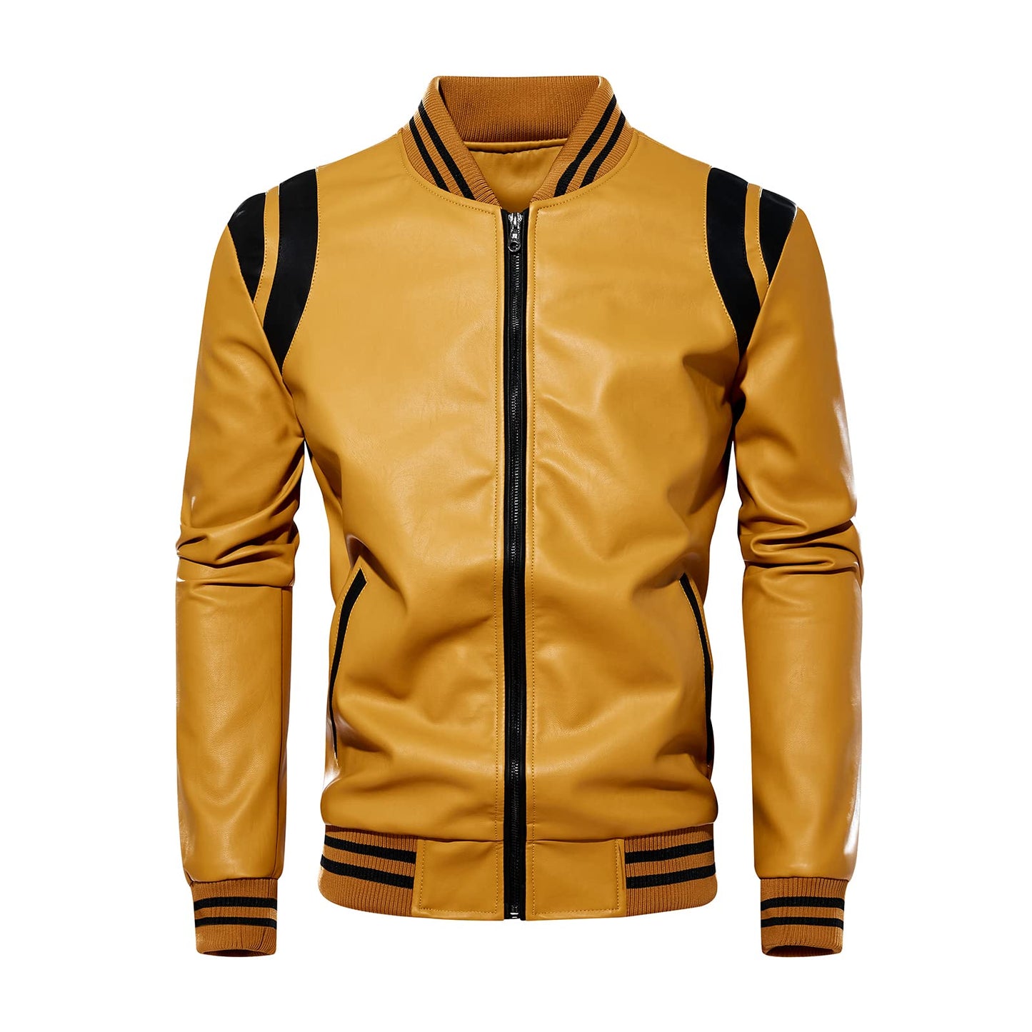chuida Slim Fit Men's Stand Collar Leather Jacket Motorcycle Lightweight Faux PU Faux Leather Zip Up Bomber Coat Men Casual Outwear (as1, alpha, l, regular, regular, Yellow)