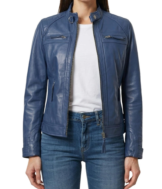 Decrum Cafe Racer Leather Jacket - Leather Jackets for Women | [1324204] D1 Blue, L