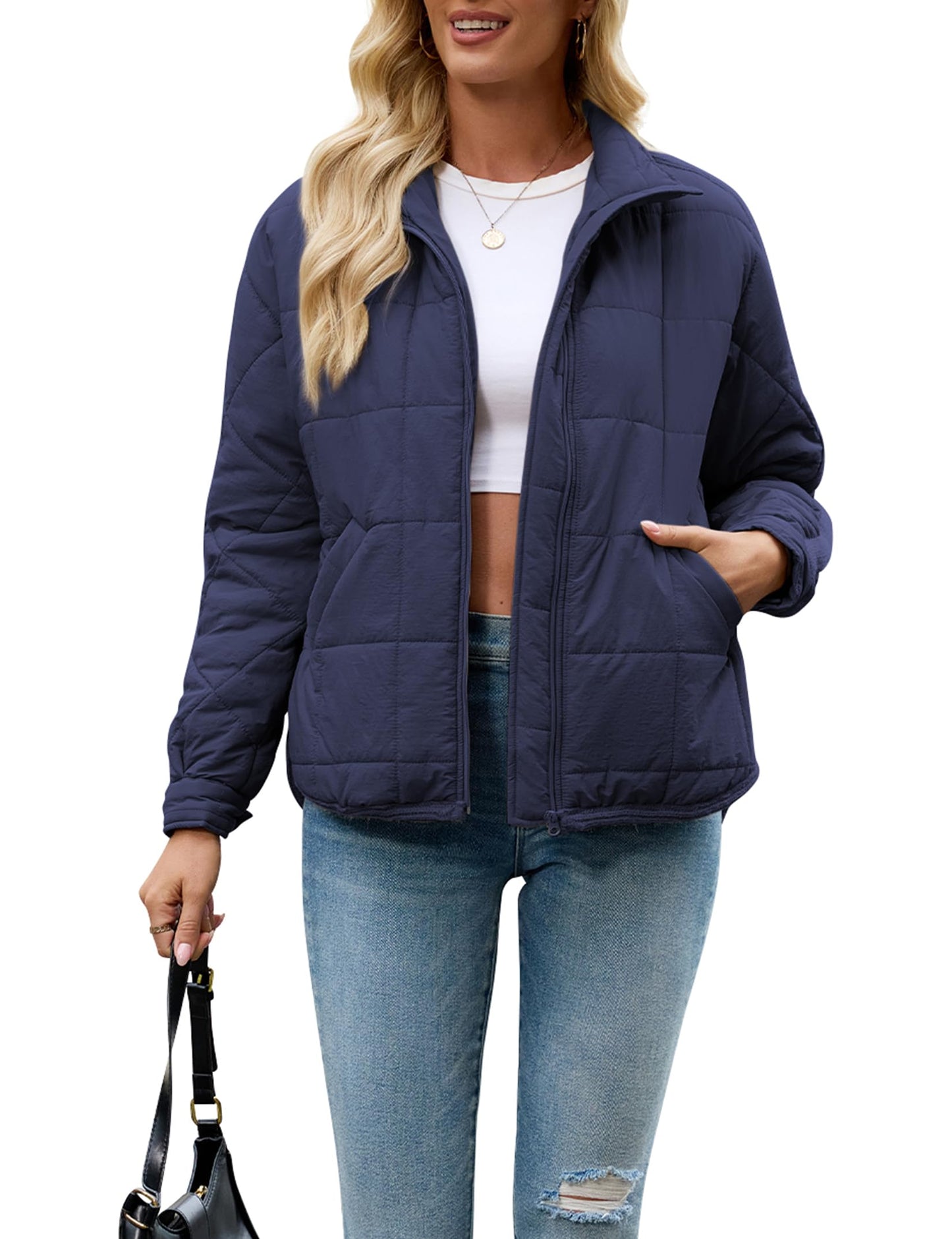FIOPHY Women's Quilted Puffer Jacket Lightweight Zip Up Padded Coat Long Sleeve Y2K Casual Jacket Outwear with Pockets & Slit Navy Blue L
