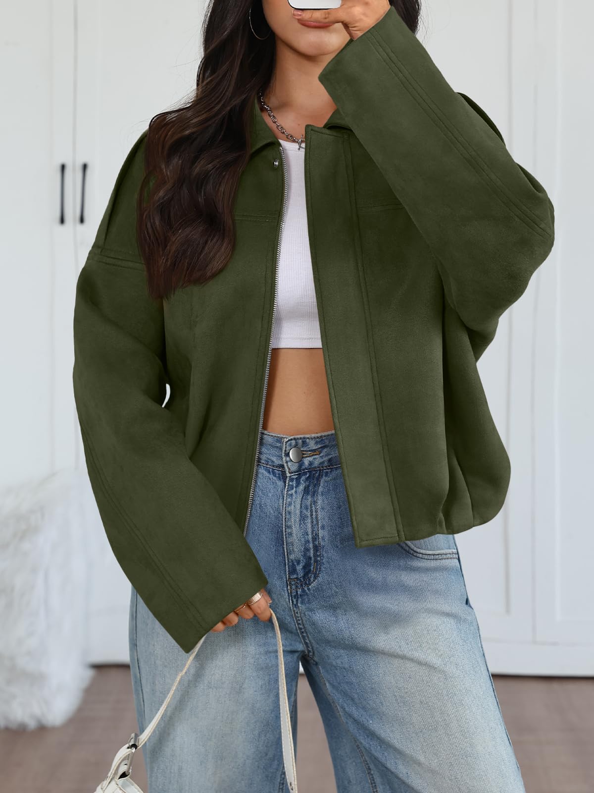 Trendy Queen Womens Faux Suede Bomber Jacket Fall Oversized Zip Up Cropped Jackets Winter Motorcycle Coat 2026 ArmyGreen XS