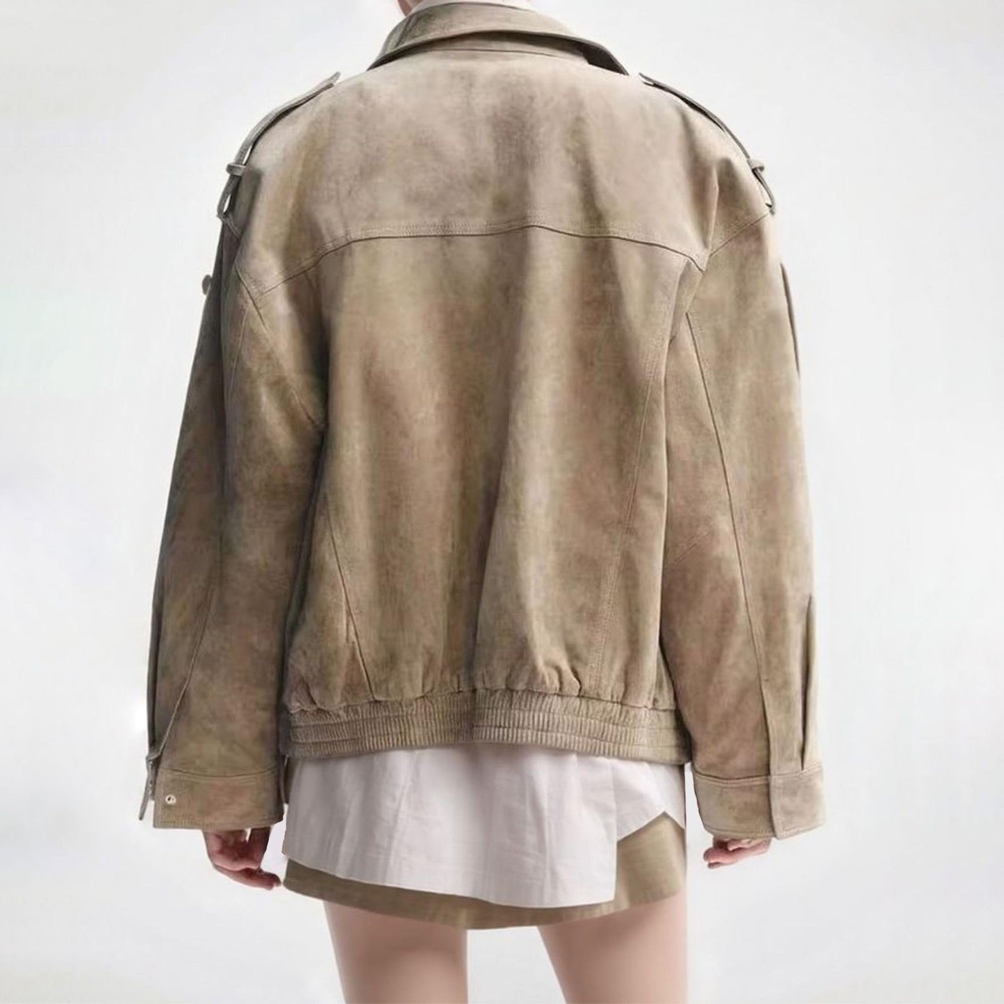 FindThy Women’s Suede Leather Jacket Vintage High Collar Long Sleeve Zip Up Oversized Outerwear Coat with Pockets(4196-Khaki-S-LB)