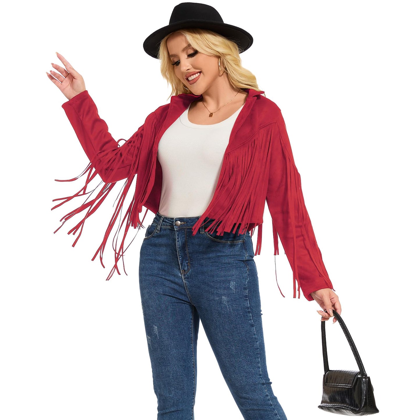 ATAMET 70s Women's Fringe Jackets Faux Suede Leather 60s Party Clothes, Halloween 2025 Fashion Tassel Motorcycle Coats (US, Alpha, 3X-Large, Regular, Regular, Cowgirl Red)