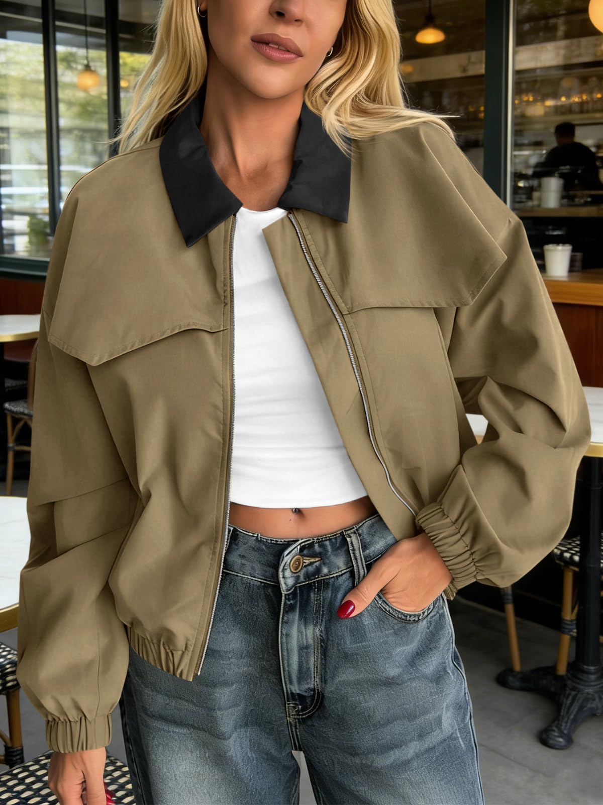 Tankaneo Womens Utility Barn Jackets Lightweight Zip Up Lapel Oversized Cropped Bomber Jackets Trendy Casual Short Coats