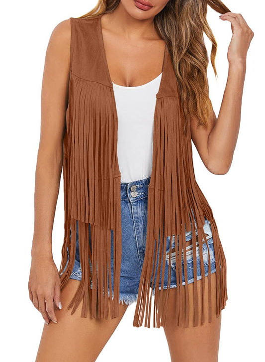 Dokotoo Womens Spring Summer Clothes 70s Hippie Country Concert Outfits Vintage Western Cowgirl Cute Fringe Vest Tops Leather Tassel Night Out Birthday Party Jackets Outerwear Cinnamon Small