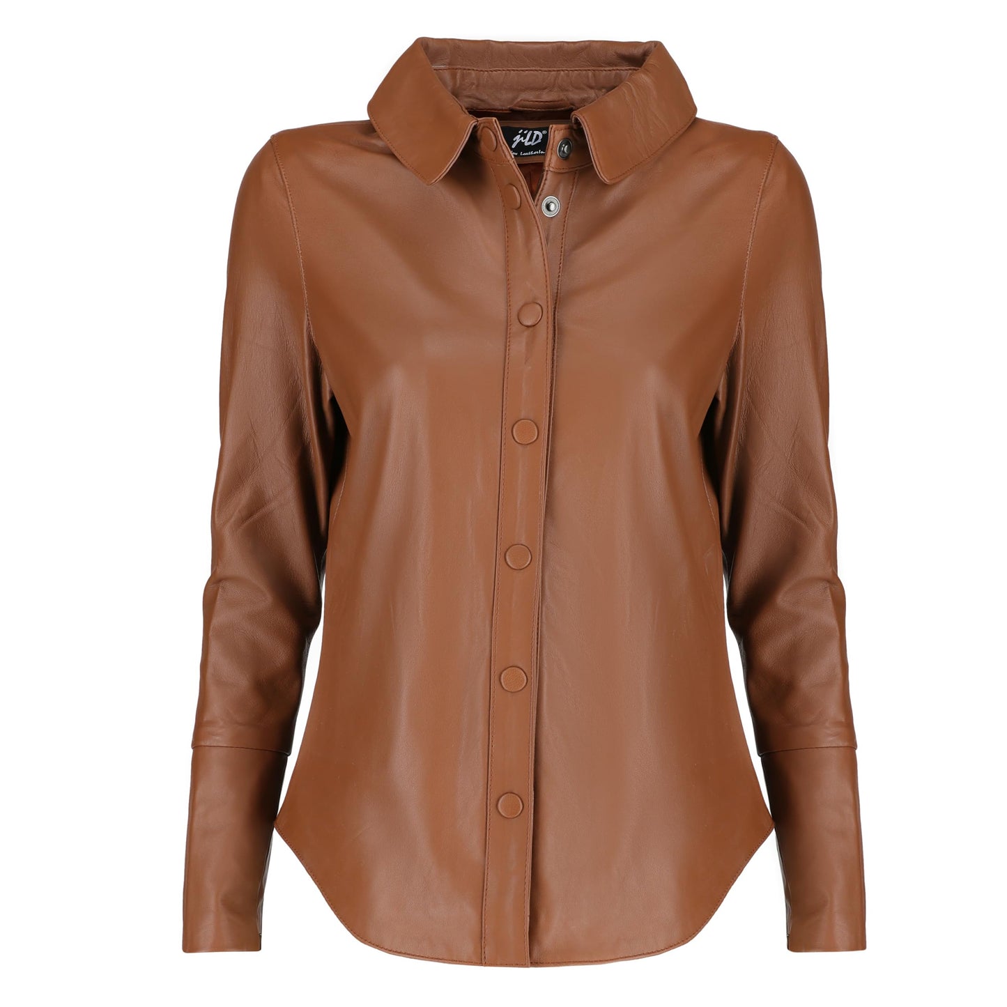 Jild Casual Shirt Real Leather Jacket Women - Long Sleeve Snap Button Down Soft Lambskin Leather Shacket Regular and Plus Size (LS-Tan-L)