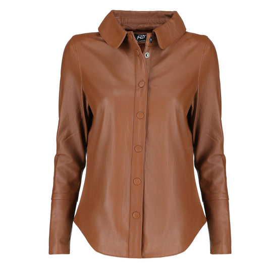 Jild Casual Shirt Real Leather Jacket Women - Long Sleeve Snap Button Down Soft Lambskin Leather Shacket Regular and Plus Size (LS-Tan-L)