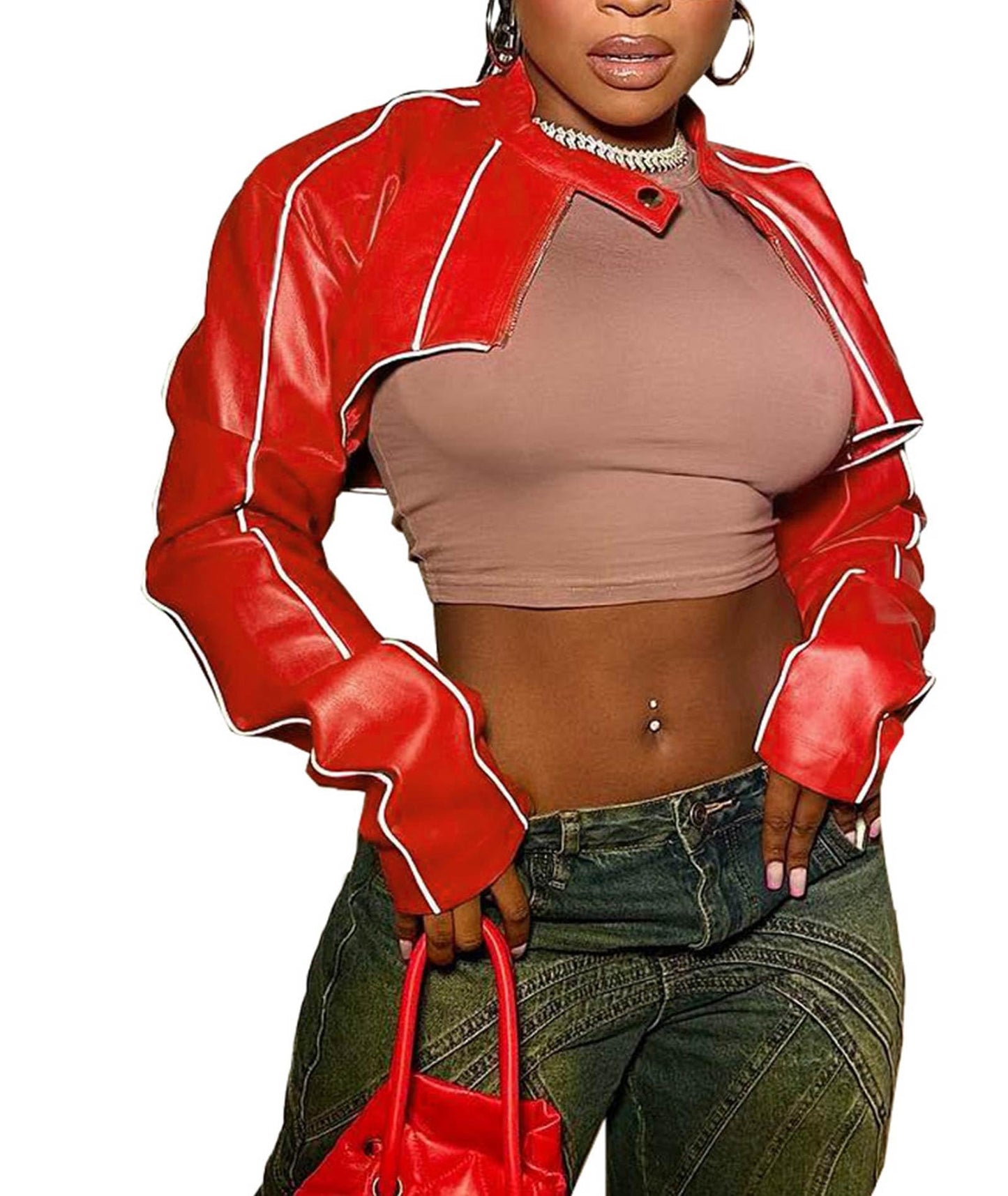 SEMATOMALA Women's Mock Neck PU Leather Crop Jacket Shrug Moto Biker Zip Up Faux Leather Slim Bolero Coat RE-XL