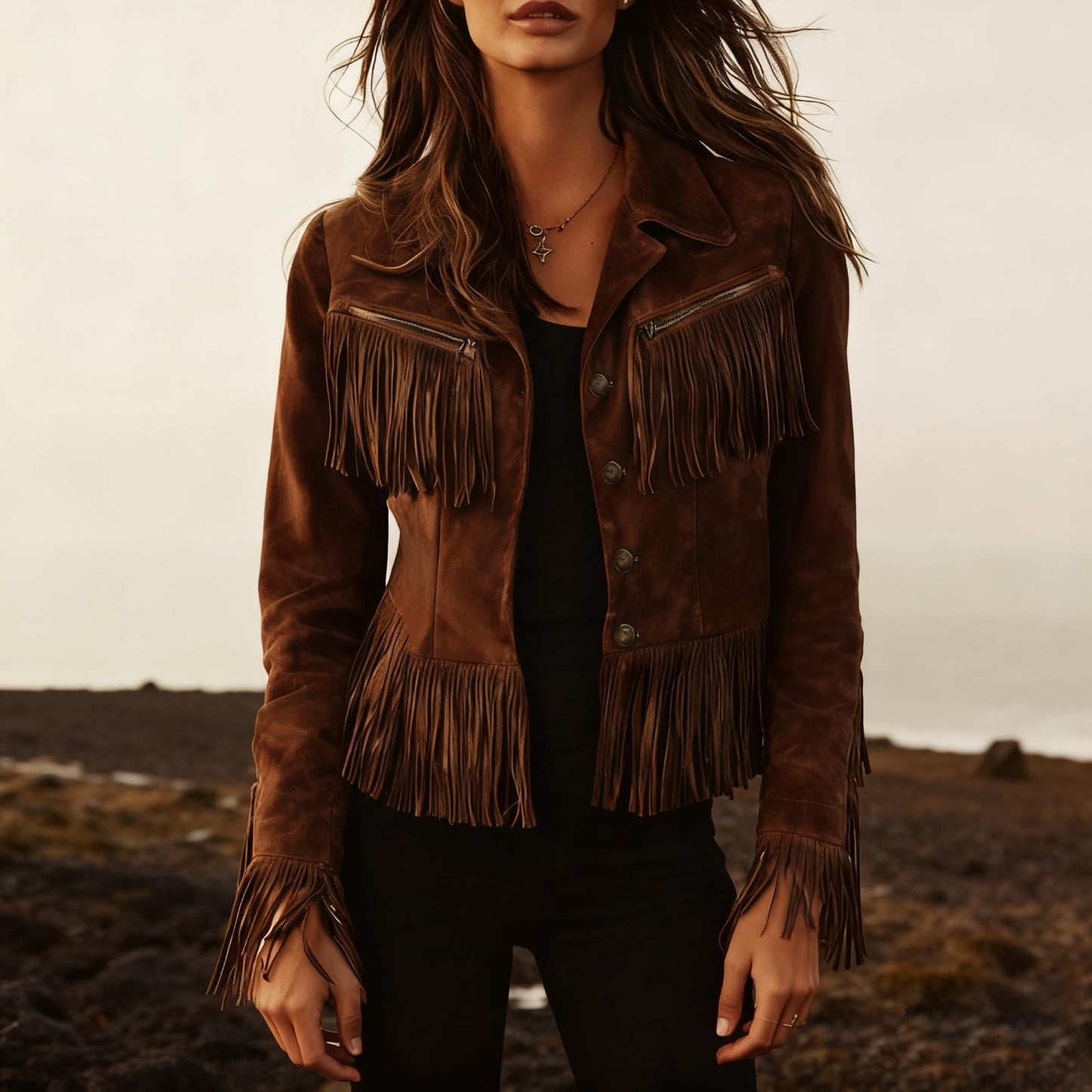 Women's Faux Suede Jackets 2026 Vintage Cowgirl Western Fringe Jacket Long Sleeve Tassel Motorcycle Short Fringe Jacket Cropped Coat Outwear-M