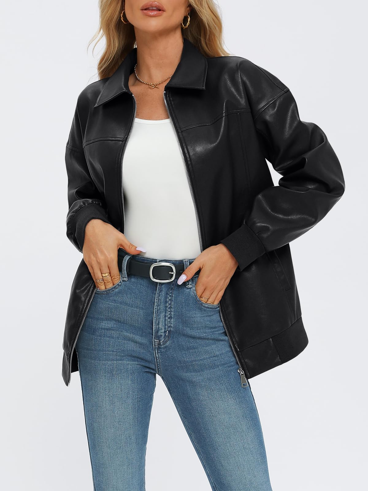 AUTOMET Womens Leather Jackets Oversized Zip Up Faux Bomber Coats 2026
