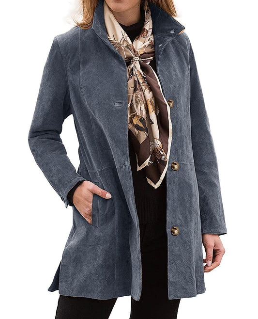 Women's Single Breasted Suede Leather Jacket Coat 2025 Fashion Winter Stand Collar Trench Coats