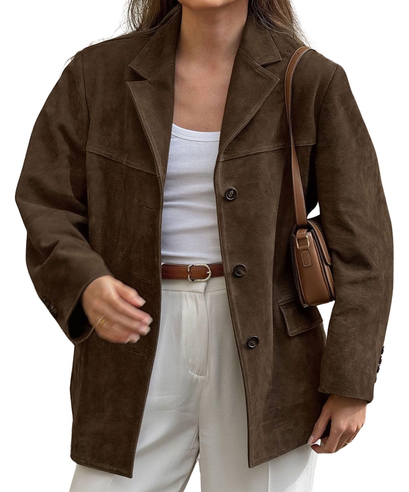 loveimgs Women Retro Brown Faux Suede Jacket Leather Blazer Coat Old Money Aesthetic Fall Jacket Bomber Y2k Oversized (Small, Brown)