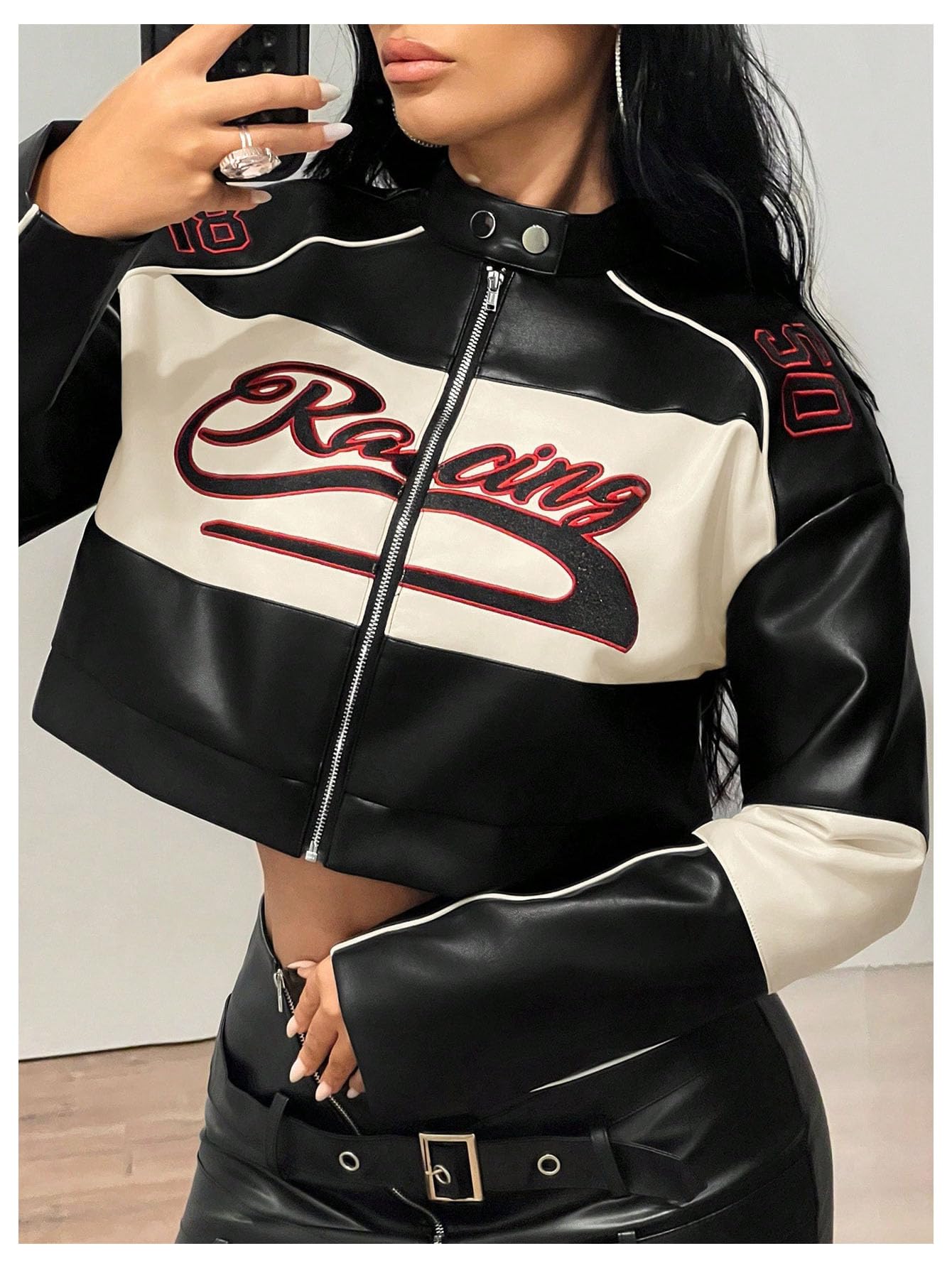 SOLY HUX Women's Faux Leather Zip Up Crop Jackets Graphic Long Sleeve Shirts Motorcycle Outerwear Black Beige Graphic Medium
