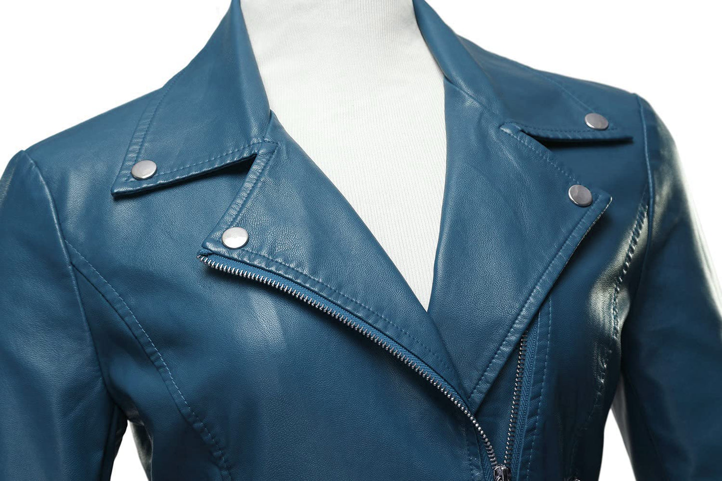 Tanming Women's Faux Leather Moto Biker Short Coat Jacket (Blue-M)