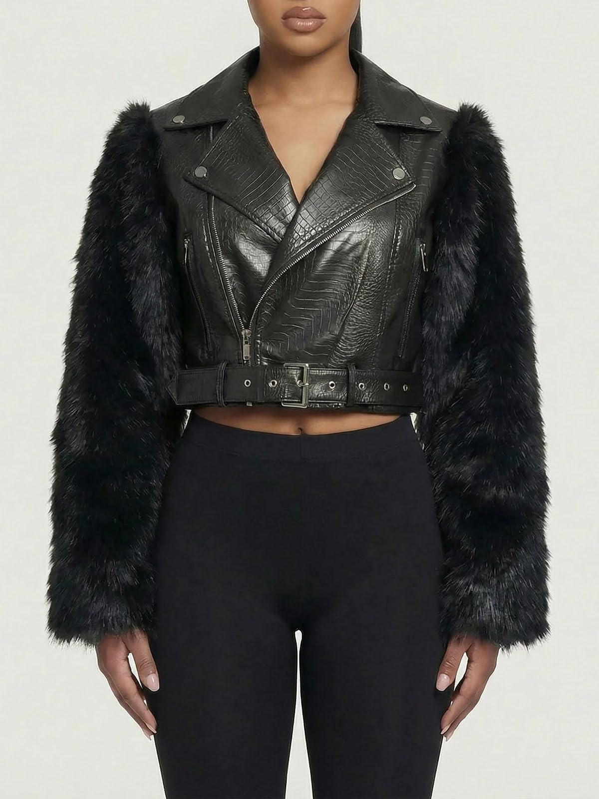 Akmipoem Leather Jacket Women Cropped PU Moto Coat Faux Fur Sleeve Short Biker Jackets Fall Streetwear with Belt Black XL
