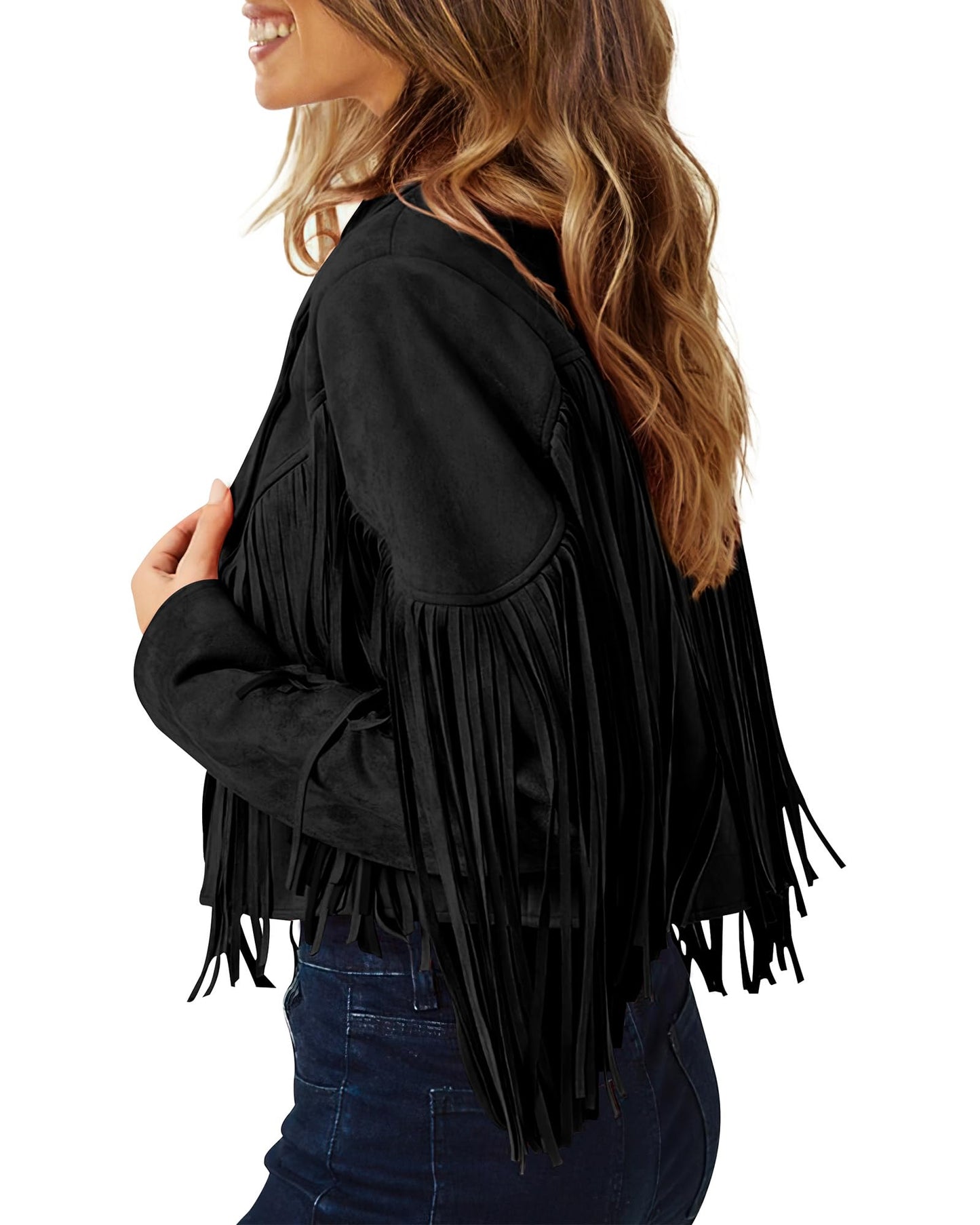 PRETTYGARDEN Women's Fringe Faux Suede Leather Jackets Fall Fashion 2025 Tassel Motorcycle Cropped Coats (Black,X-Large)