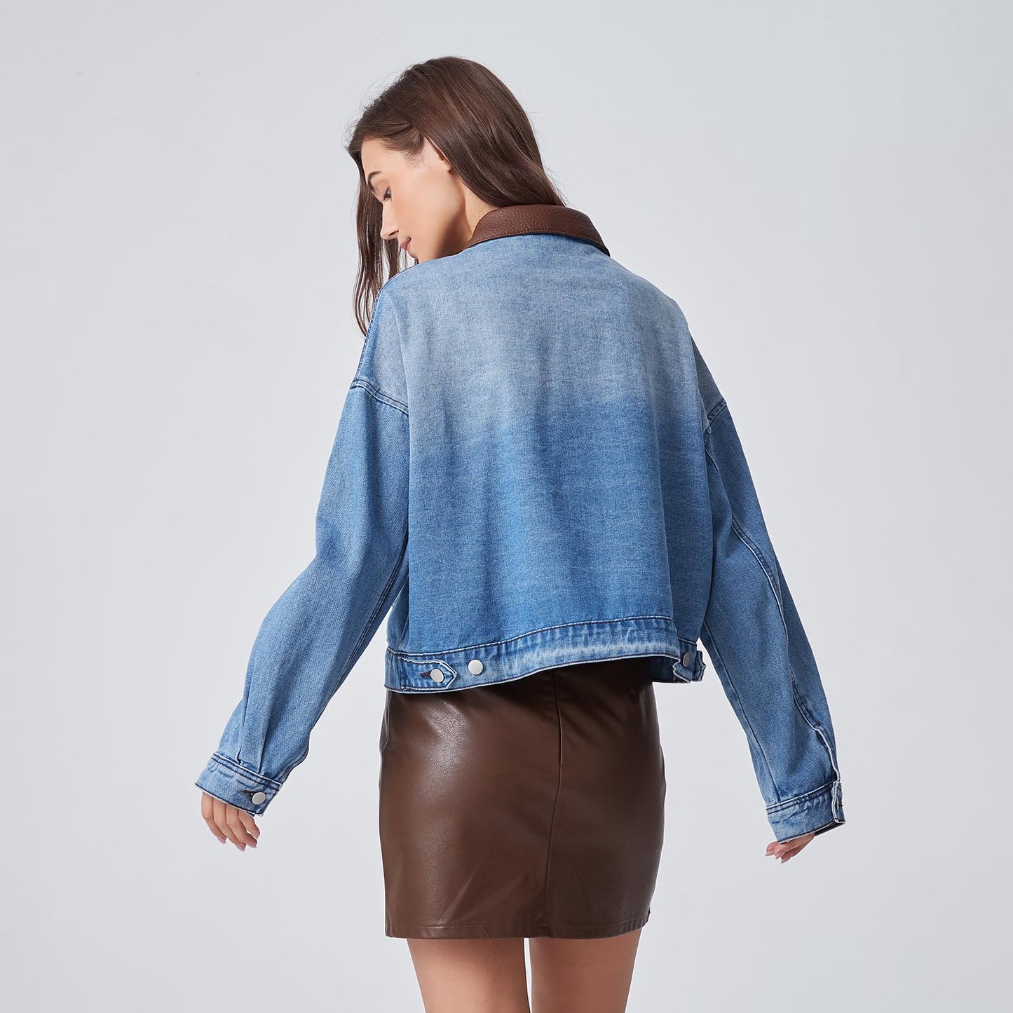 D-Sun Women's Denim Jackets Fake Leather Collar Long Sleeve Zipper Cropped Jean Jacket Denim Coat With Pockets