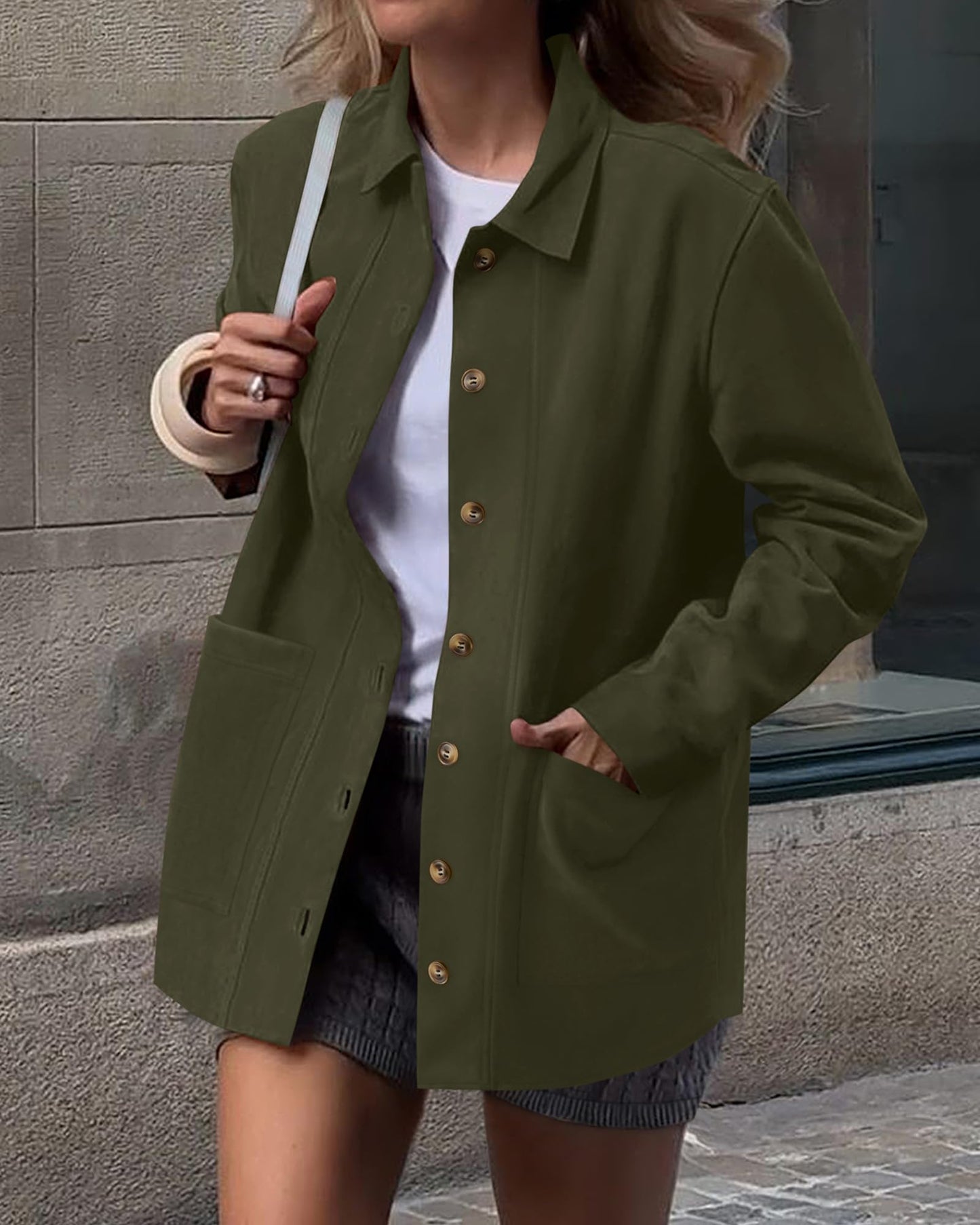 BTFBM Faux Suede Jacket Women Fall Fashion 2026 Leather Jackets Long Sleeve Button Down Winter Coats Shackets Outerwear(Army Green, Large)