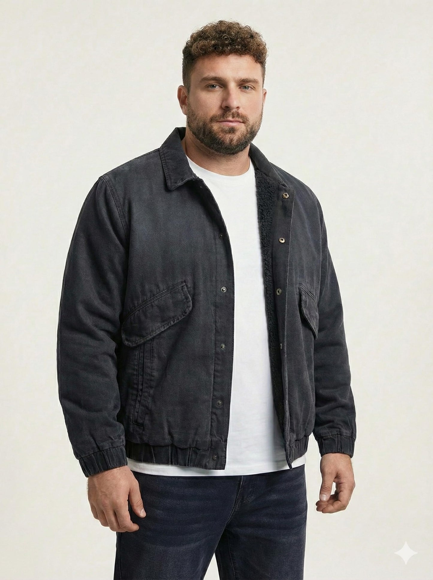 Mulch Man Black Wash Sherpa Lined Men's Denim Jacket Plus Size, Borg Fur Warm Cotton Trucker Jacket with Full Fleece Lining, Big Tall Winter Fall Jean Coat Button Front (3X-Large)
