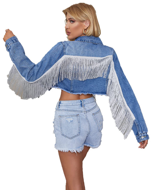 YILANUOYI Women’s Crop Denim Jacket Tassel Casual Jean Coat With Fringe (M, S107Dark Blue)