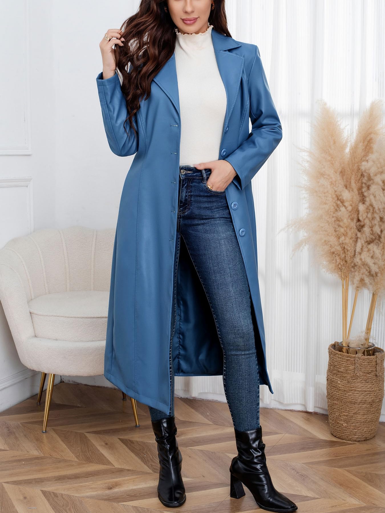 utcoco Womens Faux Leather Trench Coat Classic Lapel Button Down Maxi Jacket 2025 Stylish Overcoat (Large, Blue)