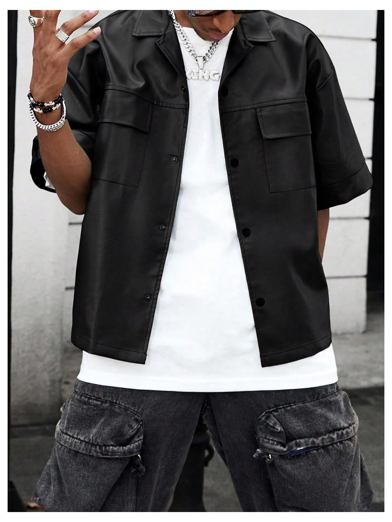 BEAUDRM Men's PU Leather Outerwear Gothic Button Down Half Sleeve Collared Motorcycle Jacket Streetwear Black Large
