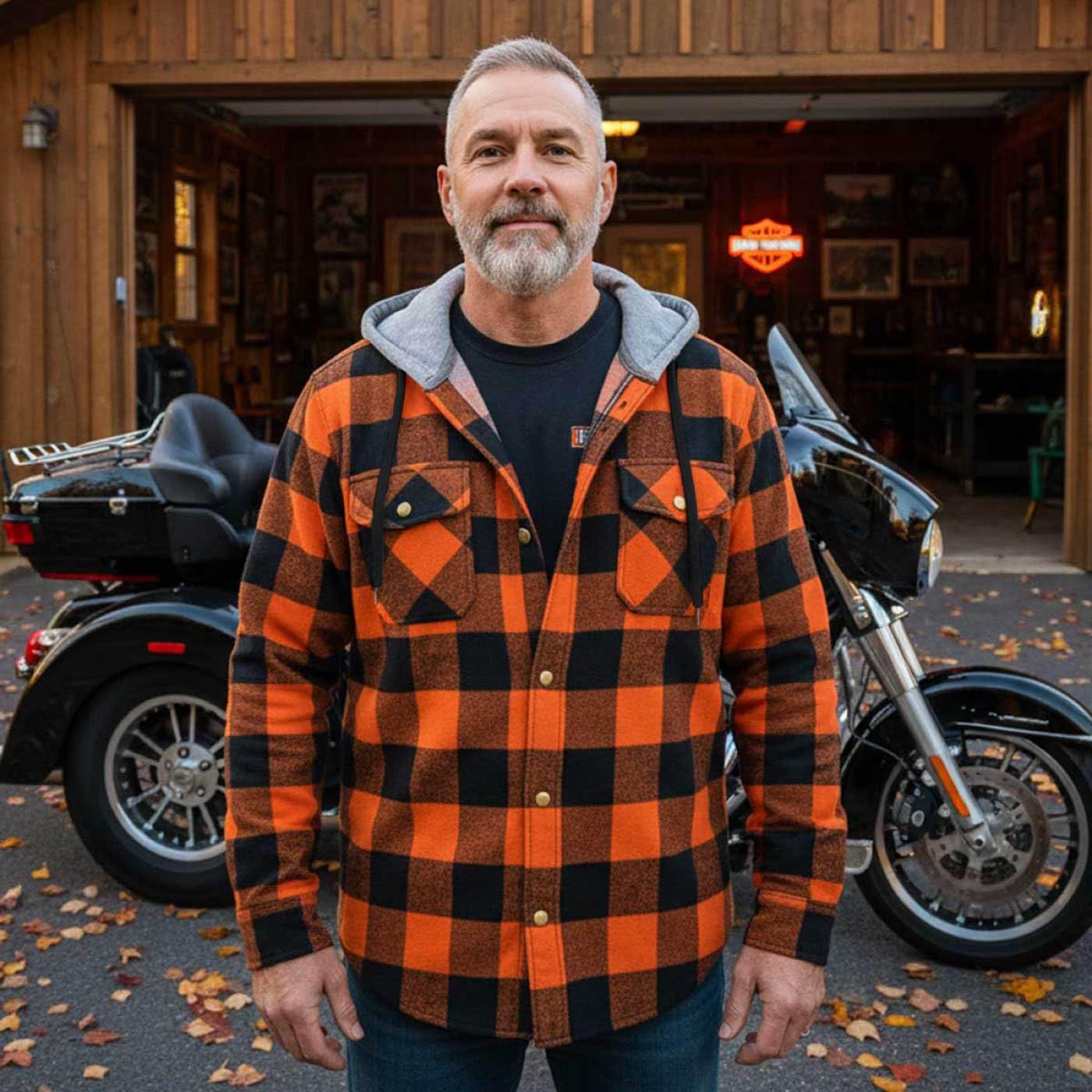 Milwaukee Leather Men’s Titans Orange & Black Plaid Hooded Riding Shirt w/CE Armor & Aramid Fiber Panels - MPM1642 - Large