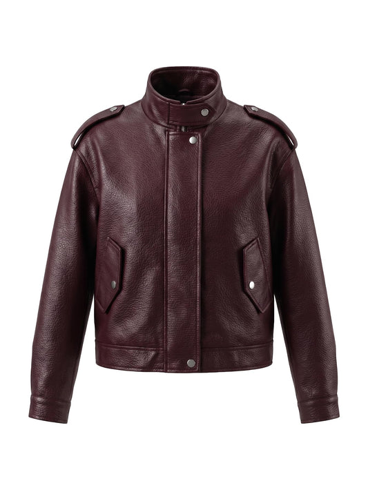 Bellivera Women's Faux Leather Jacket 2026 Spring Oversized Bomber Biker Coat Vintage Casual Look PS 001 Wine XL