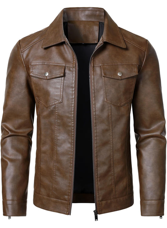 HOOD CREW Mens Leather Jacket Motorcycle Biker Jackets Casual Lightweight Faux Leather Outwear Dark Brown L