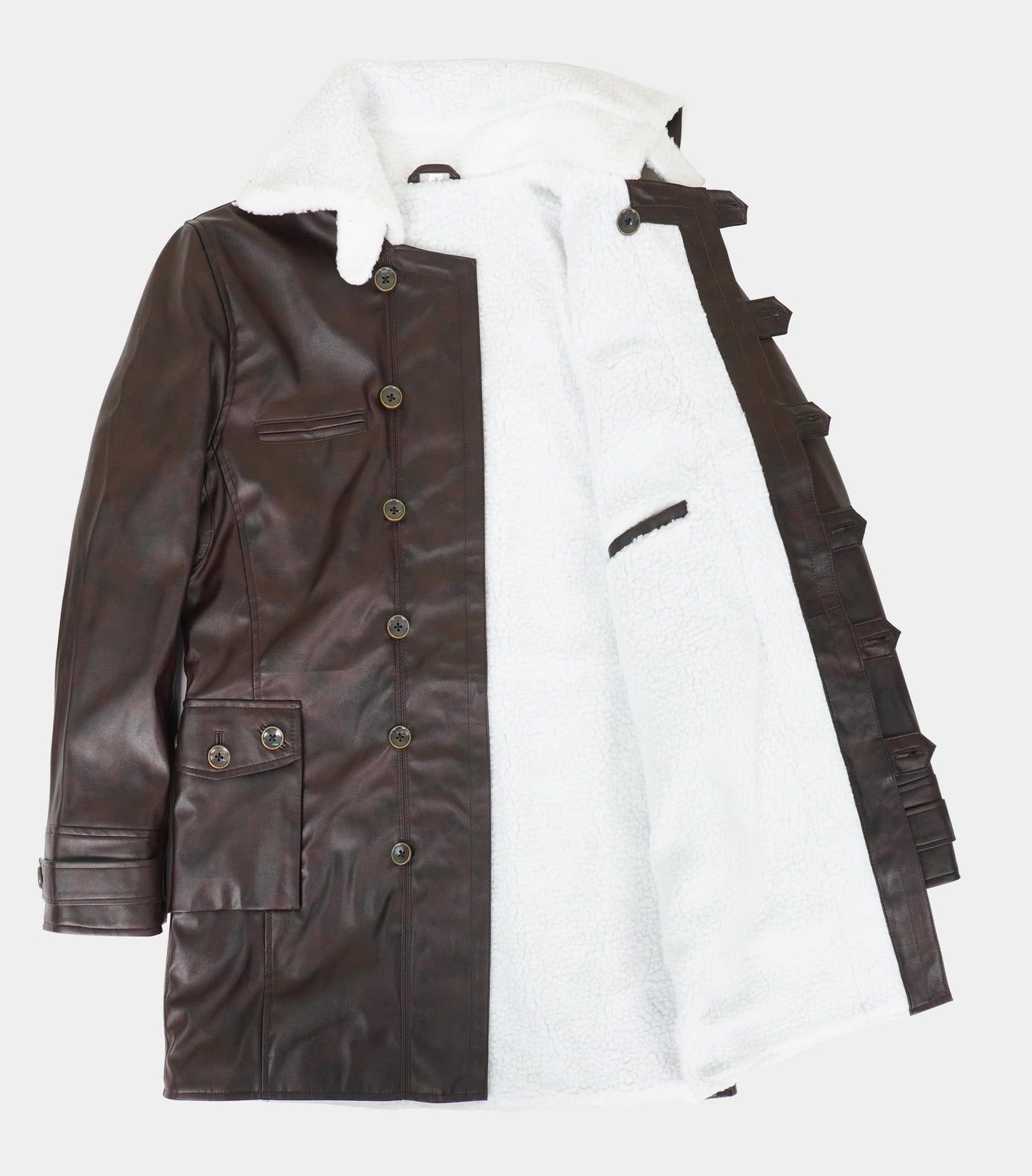 LP-FACON Mens Winter Fur Shearling BN Coat Jacket Brown Faux Leather Overcoat