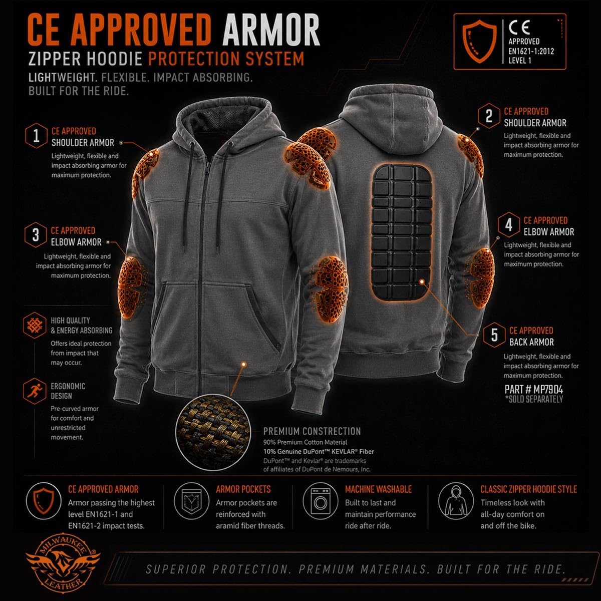 Milwaukee Leather Men's Streetguard Riding Hoodie - Aramid Reinforced with CE Shoulder and Elbow Armor - Large Black