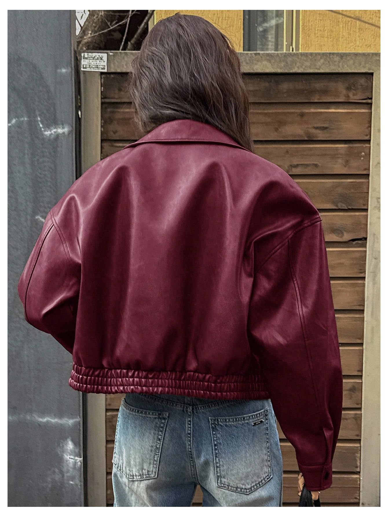 Milumia Women's Faux Leather Zip Up Jacket Vintage Collared Long Sleeve Motorcycle Jackets Dark Red Medium