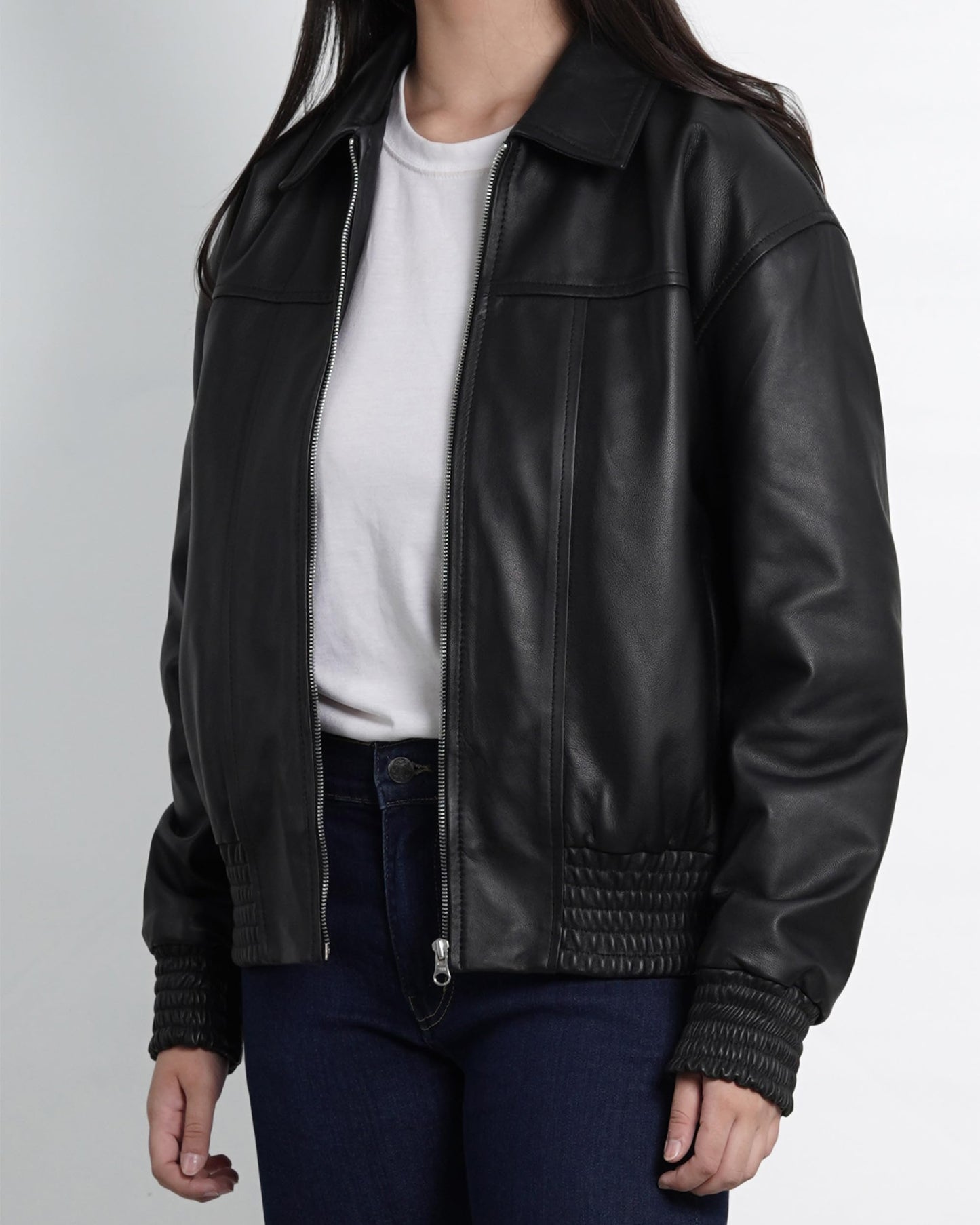 Decrum Disc Genuine Leather Jacket Women - Leather Oversized Bomber Jacket Womens | [1328563] Ollie Black, M