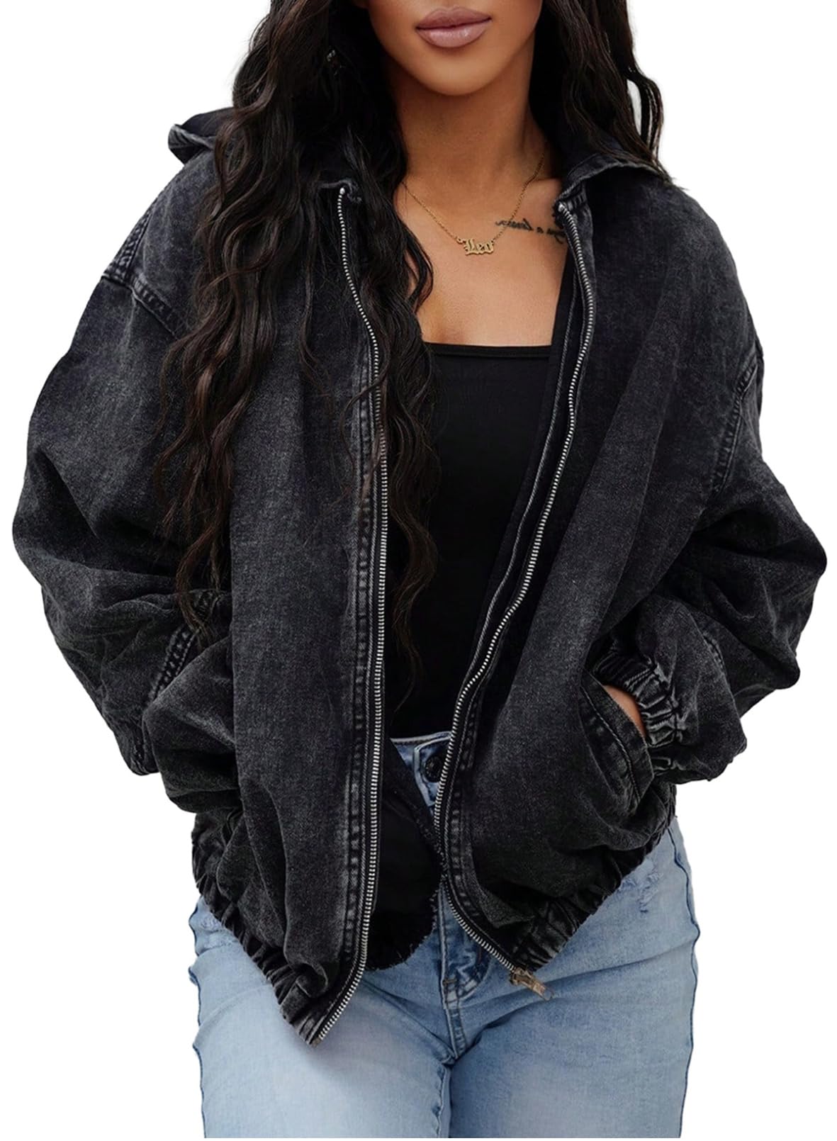 SHEWIN Jean Jacket Women Long Sleeve Womens Fall Jackets Cozy Denim Jacket Zipper Hooded Bomber Black Jacket Women Fall Clothes 2026 Color Black X-Large