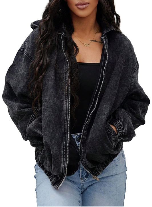 SHEWIN Jean Jacket Women Long Sleeve Womens Fall Jackets Cozy Denim Jacket Zipper Hooded Bomber Black Jacket Women Fall Clothes 2026 Color Black X-Large