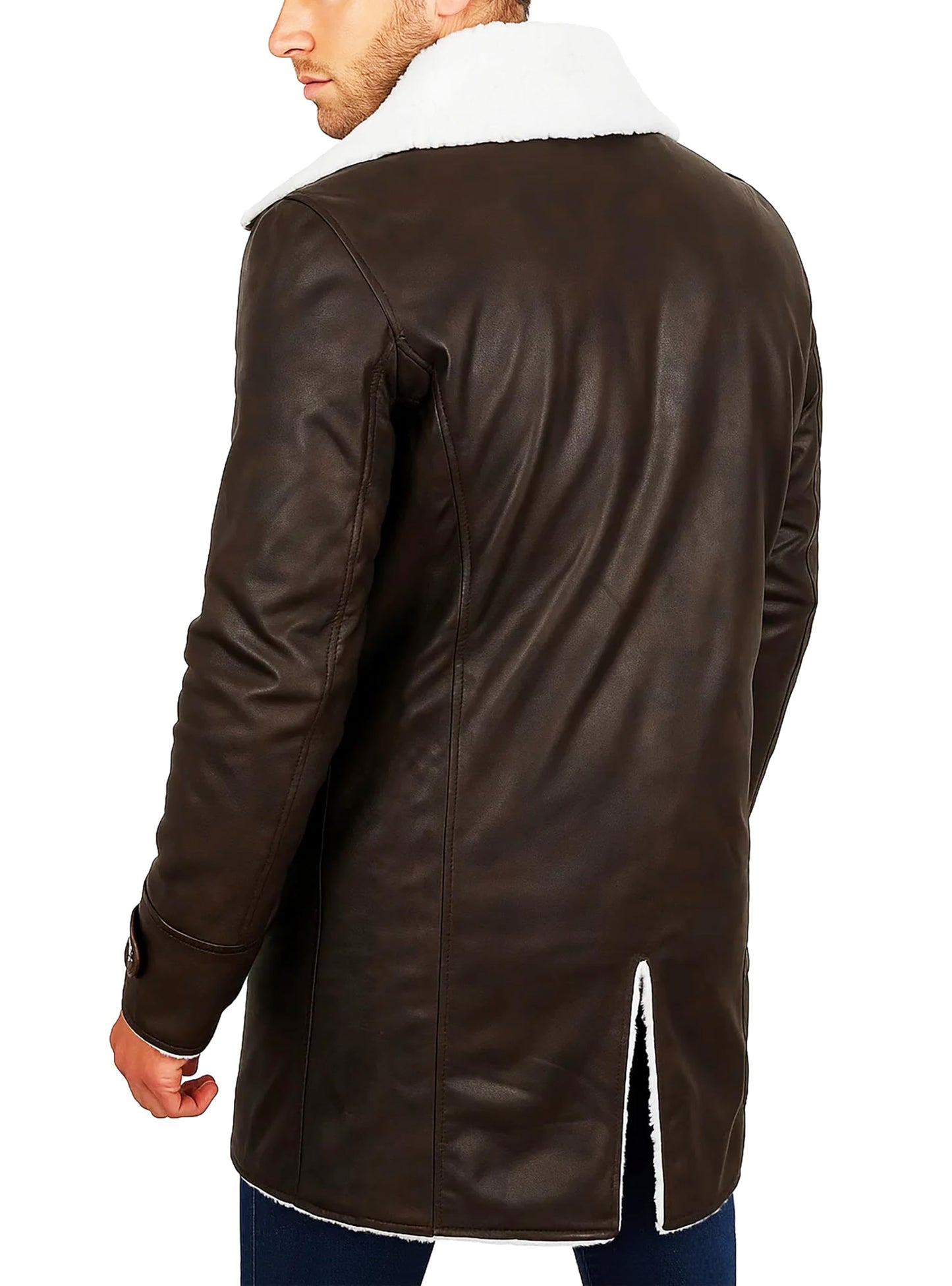 III-Fashions Men's BN Faux Fur Shearling Brown Faux Leather Pea Coat Costume Winter Overcoat