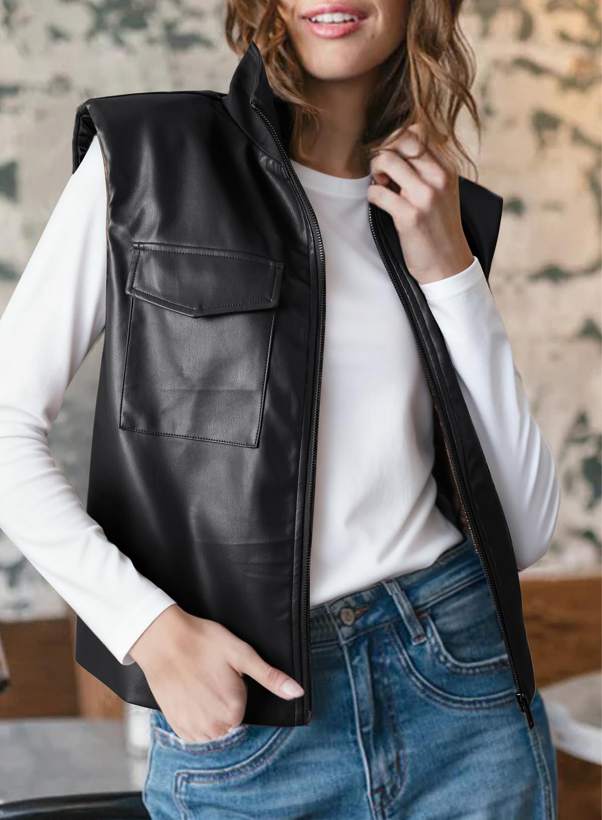 EVALESS Womens Leather Vest Fall Outfits Fashion 2025 Sleeveless Faux Leather Jacket Zip Up Stand Neck Leather Vest Top Solid Casual Clothing Coats Clothes Large