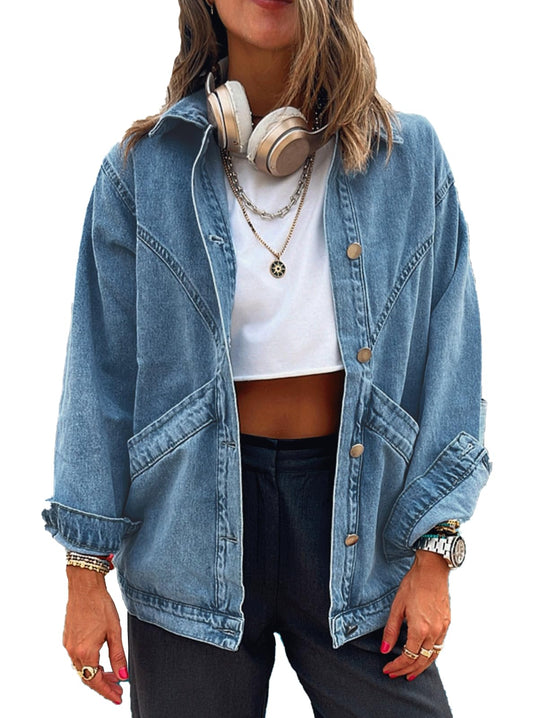 MJFCS YAENH Women's Casual Oversized Button Up Denim Jackets Shacket Long Sleeve Pockets Denim Jean Jacket with Huge Pockets(Blue,L)