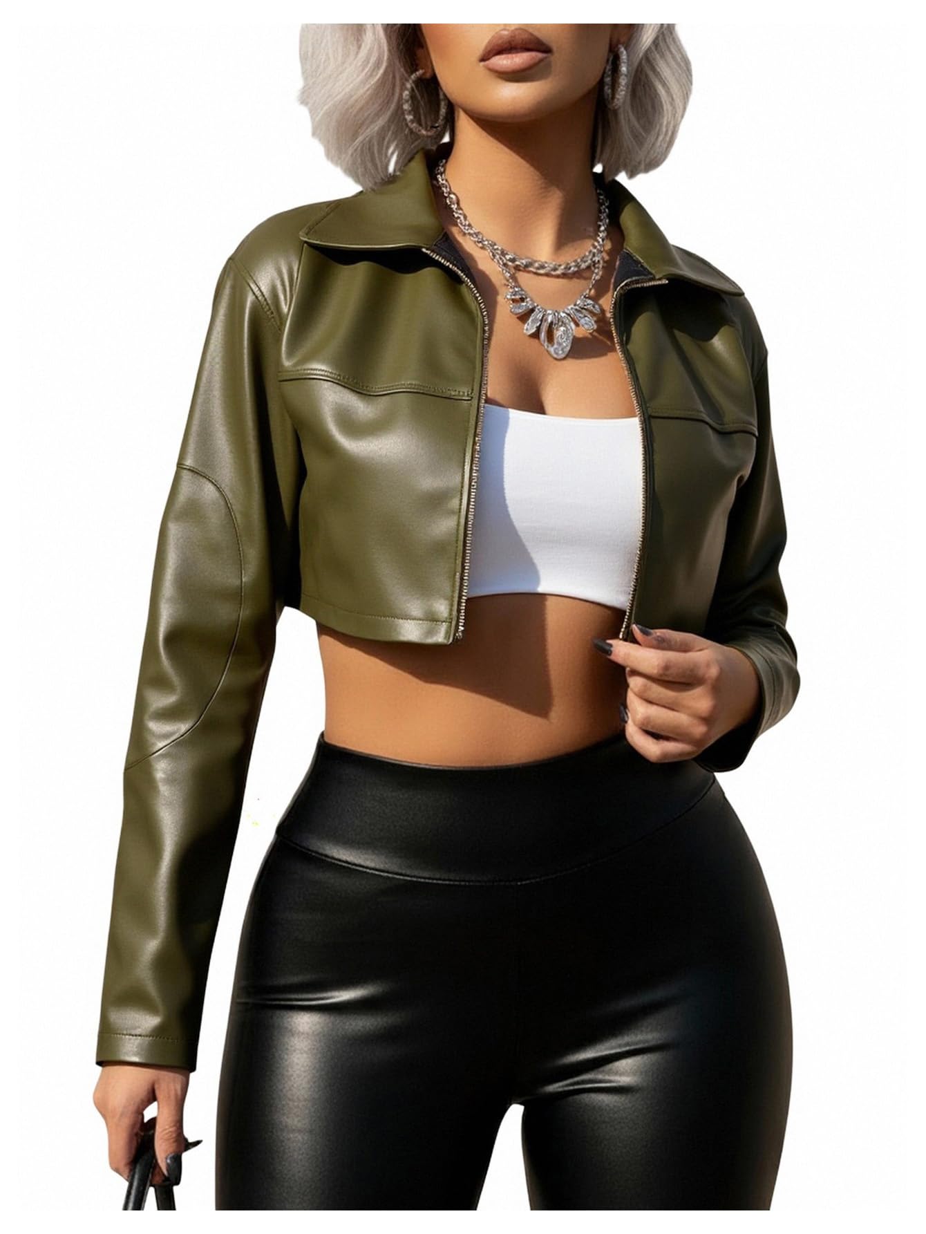 winkbay Women's Pu Leather Cropped Motorcycle Jacket Y2k Zip Up Collared Jackets Streetwear Army Green X-Small