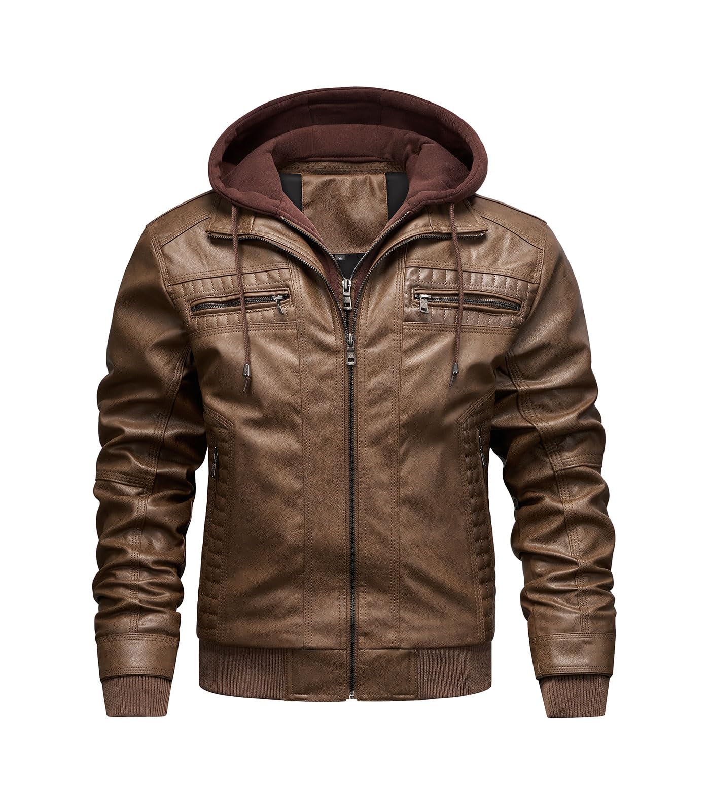 INVACHI Men's Leather Jacket Motorcycle Bomber Jacket Windproof PU Vintage Jacket with Removable Hood