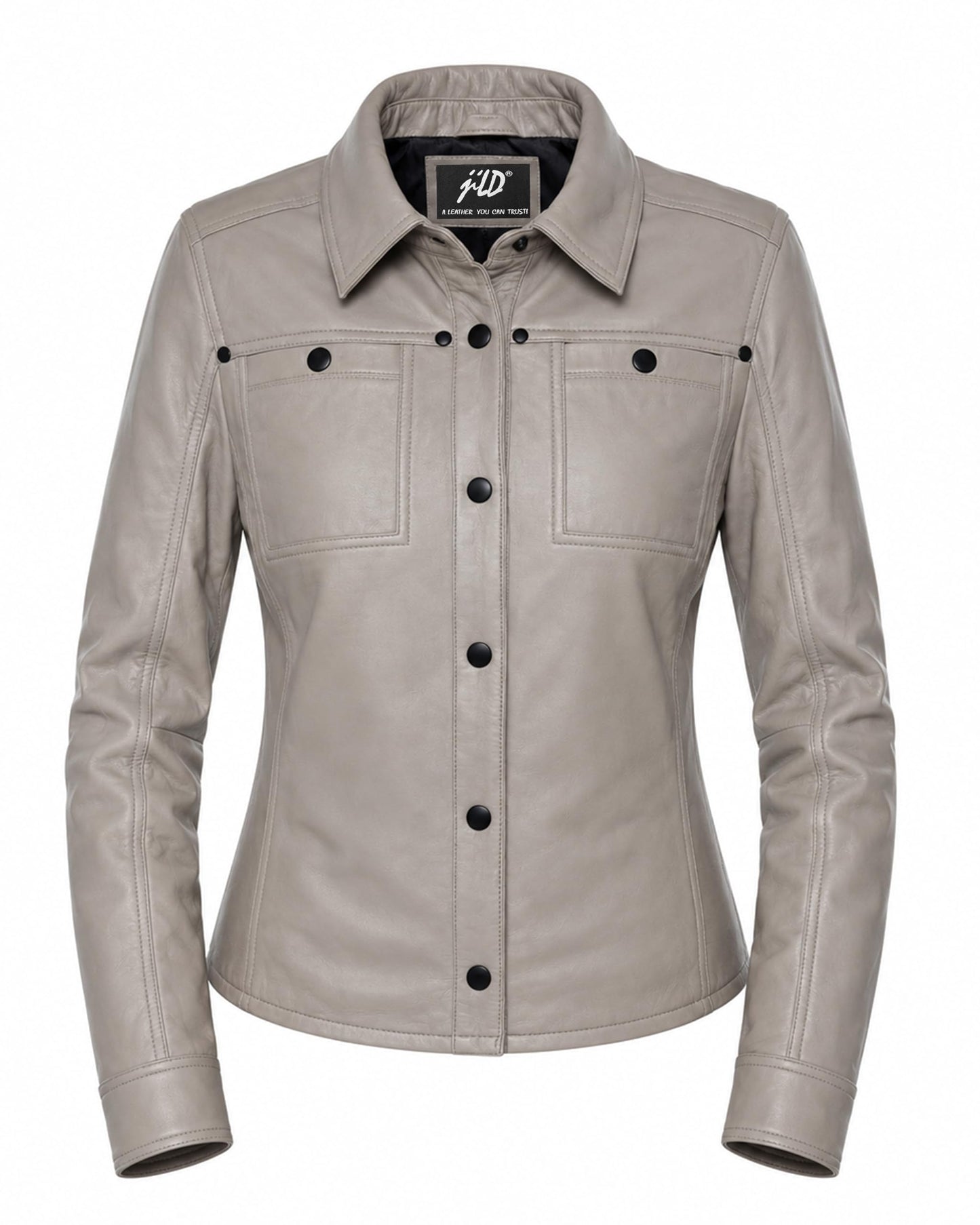 Jild Womens Button Front Lambskin Leather Jacket Shacket - Casual Shirt Long Sleeve Leather Jacket Women with Bust Pocket (Grey-L)