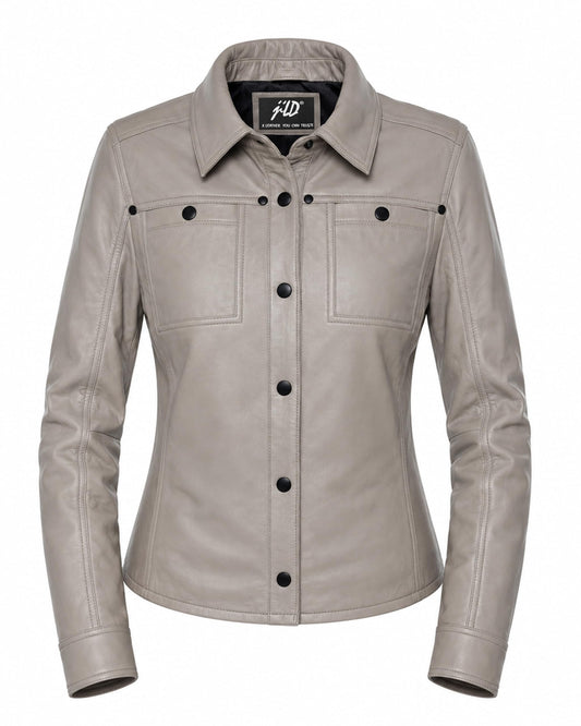 Jild Womens Button Front Lambskin Leather Jacket Shacket - Casual Shirt Long Sleeve Leather Jacket Women with Bust Pocket (Grey-L)