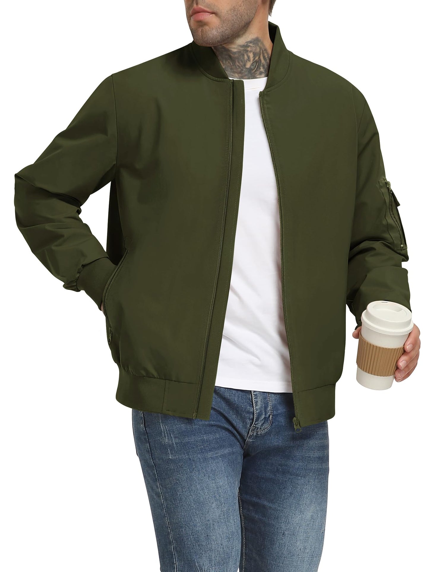 Mens Green Bomber Jackets Lightweight Casual Zip Coats Jackets Outwear