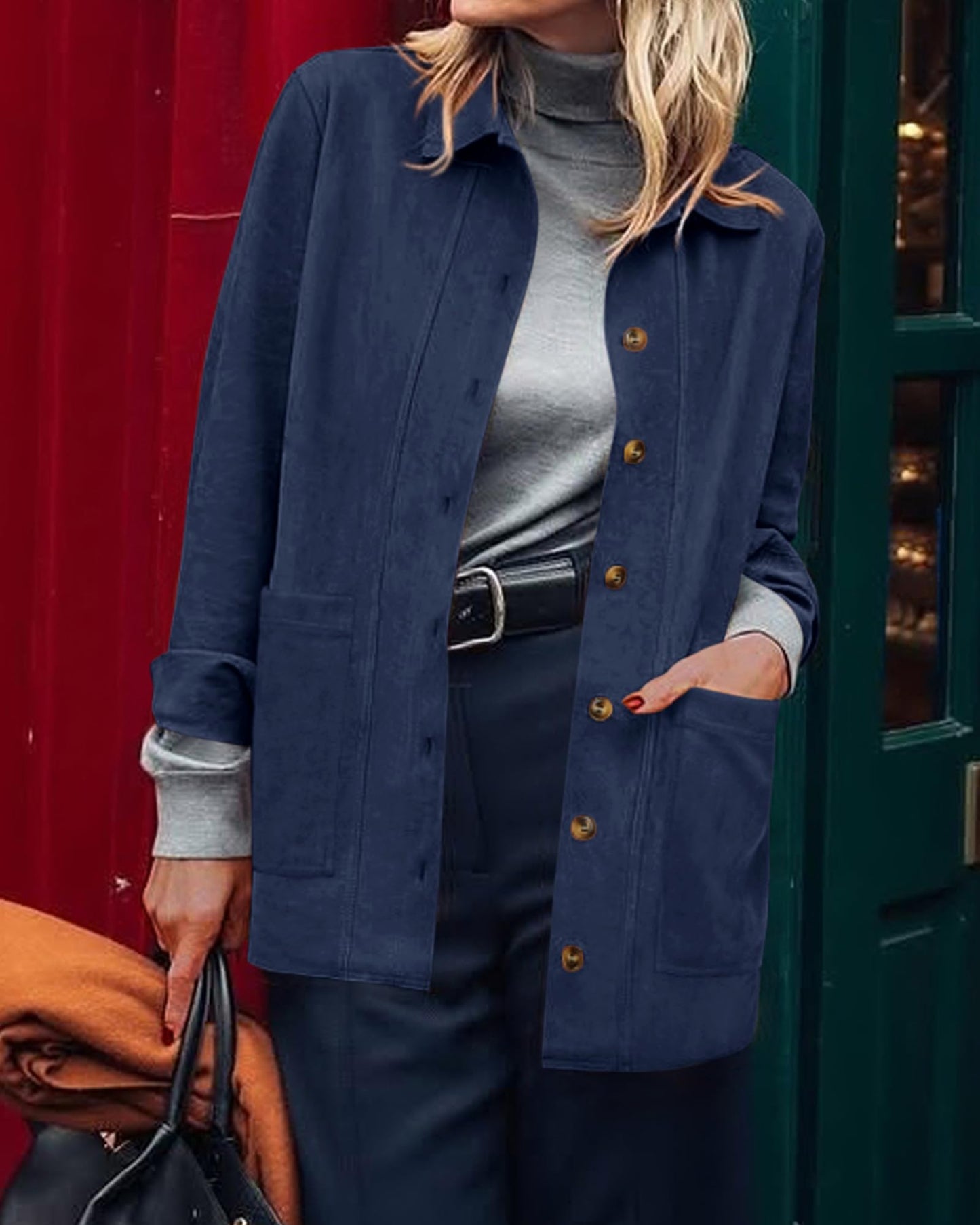 BTFBM Faux Suede Jacket Women Fall Fashion 2026 Leather Jackets Long Sleeve Button Down Winter Coats Shackets Outerwear(Navy Blue, Large)