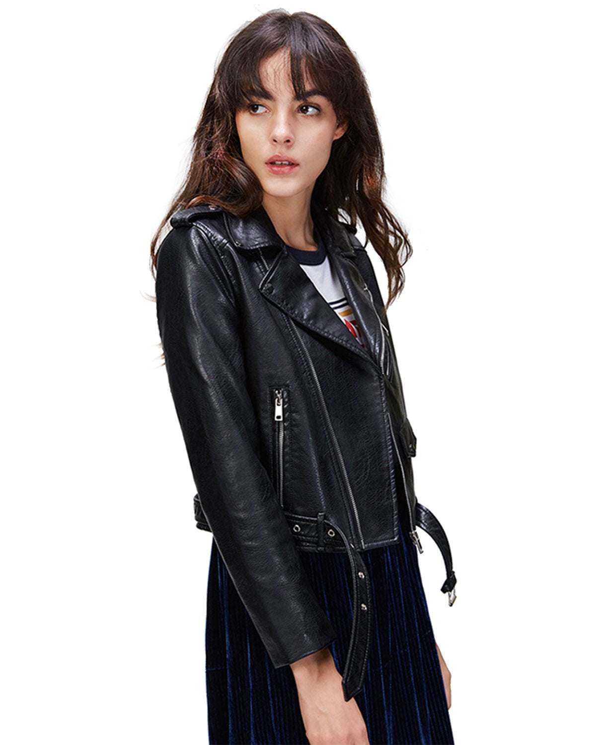 LY VAREY LIN Women's Faux Leather Motorcycle Jacket PU Slim Short Biker Coat (WS, Black,S)…