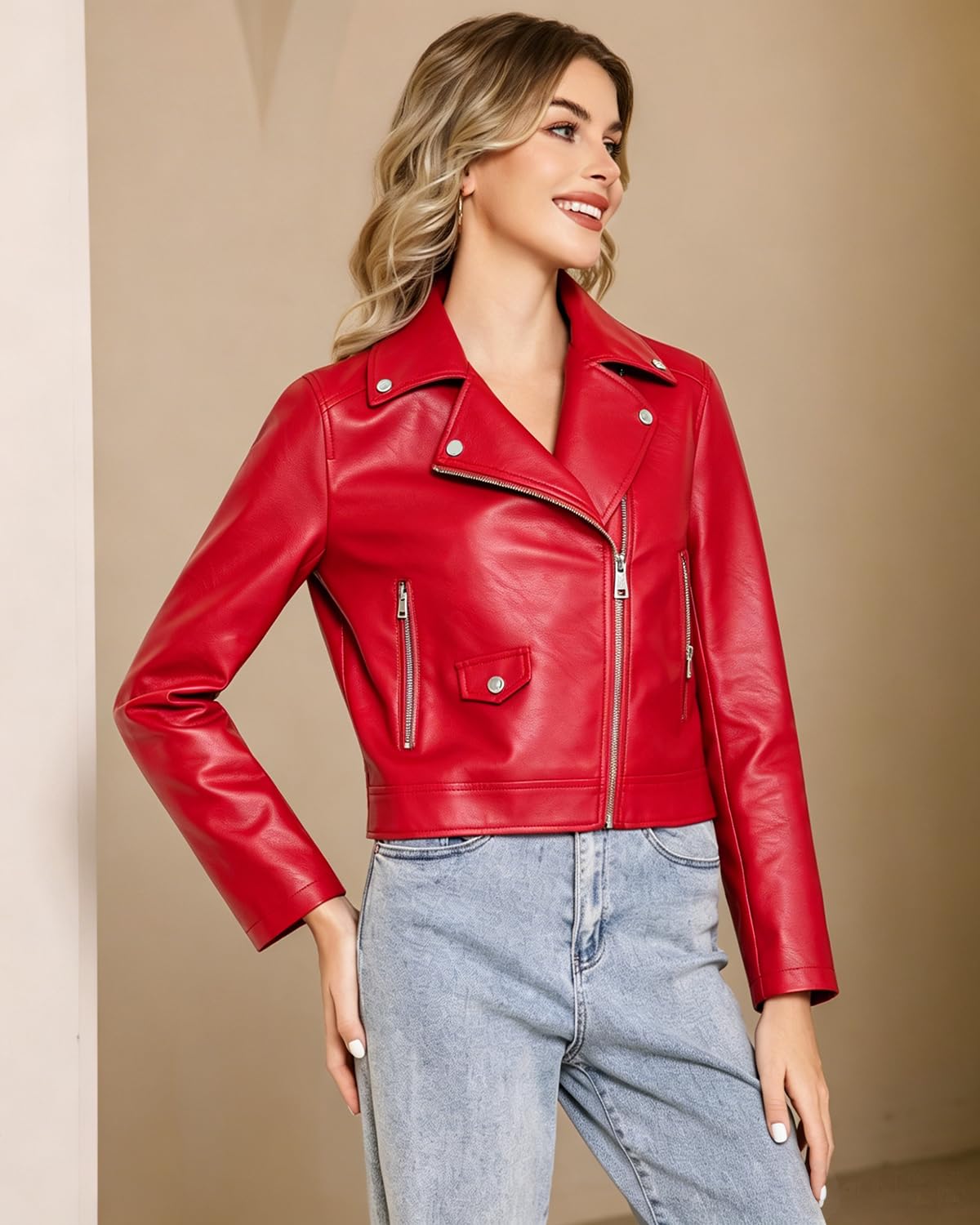 WYOYW Faux Leather Jacket For Women PU Cropped Moto Biker Coat Zip Up Slim Motorcycle Jacket Red S