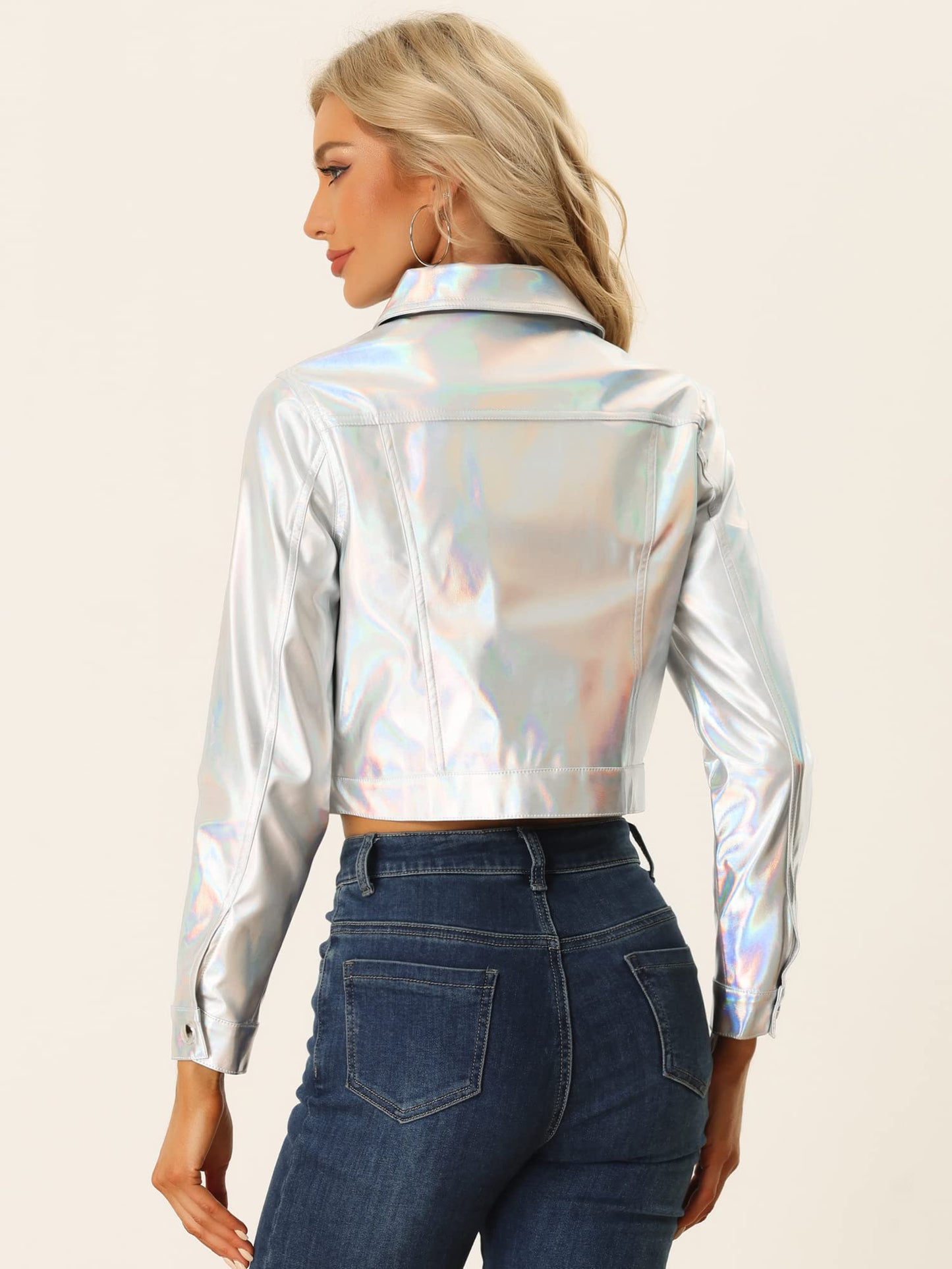Allegra K Metallic Jacket for Women Moto Biker Jacket Holographic Shiny Crop Party Jackets Large Silver